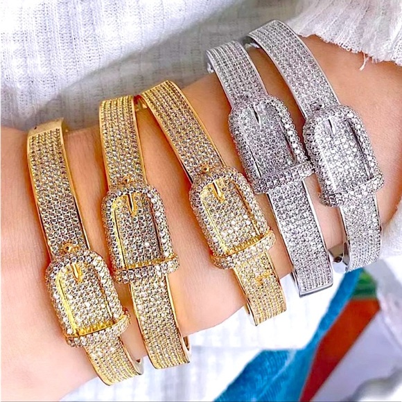 Buckle Design 18K Gold Plated Crystal Bangle Bracelet - Picture 2 of 6